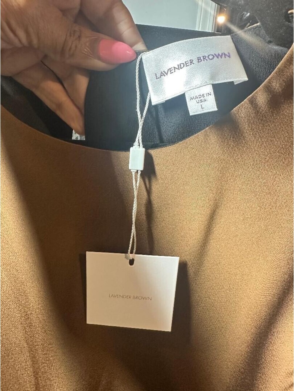 Lavender Brown McKenna Dress Cocoa Camel Satin Maxi Dress Size L NWT USA - Picture 3 of 5